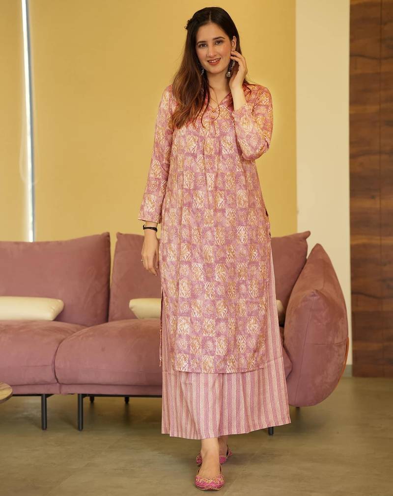 Purple digital printed muslin straight kurta with bottom set
