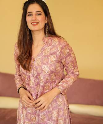 Purple digital printed muslin straight kurta with bottom set 2