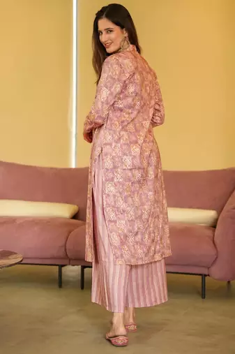 Purple digital printed muslin straight kurta with bottom set