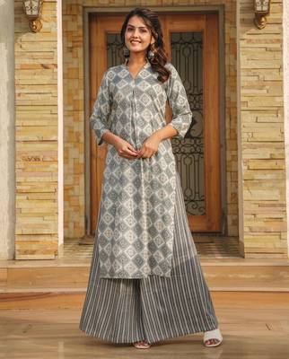 Grey digital printed rayon straight kurta with bottom set 1