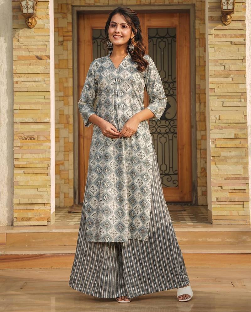 Grey digital printed rayon straight kurta with bottom set