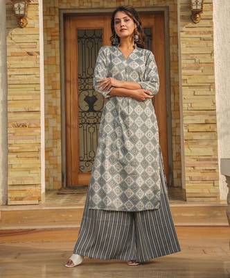 Grey digital printed rayon straight kurta with bottom set 2