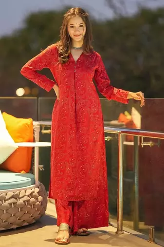 Red digital printed muslin straight kurta with bottom set