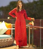 Red digital printed muslin straight kurta with bottom set
