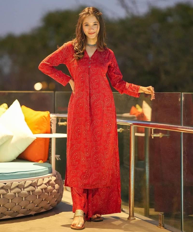 Red digital printed muslin straight kurta with bottom set