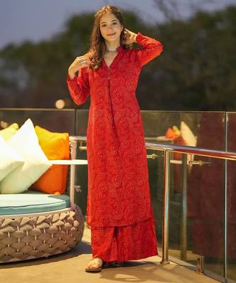 Red digital printed muslin straight kurta with bottom set 2