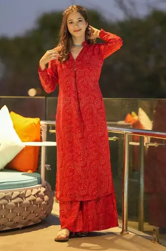 Red digital printed muslin straight kurta with bottom set