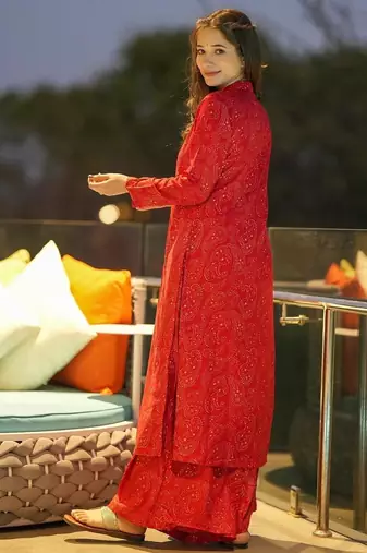 Red digital printed muslin straight kurta with bottom set