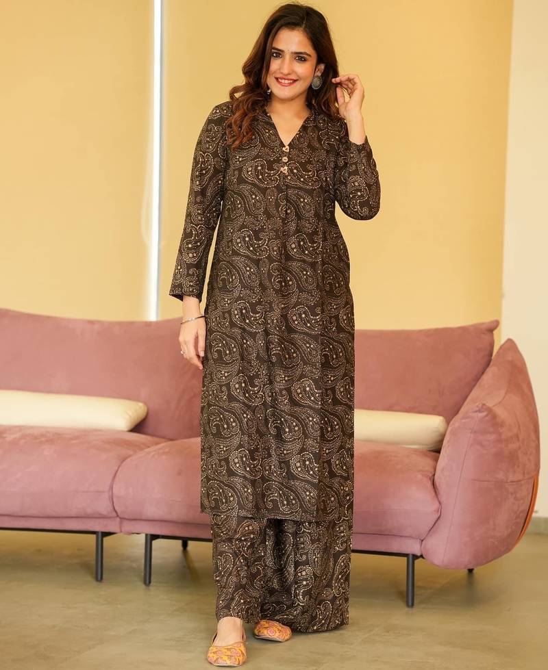 Black digital printed muslin straight kurta with bottom set