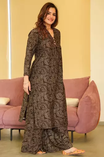 Black digital printed muslin straight kurta with bottom set