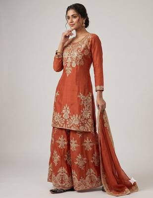 Women ethnic orange heavy embroidered kurti palazzo suit with dupatta 2