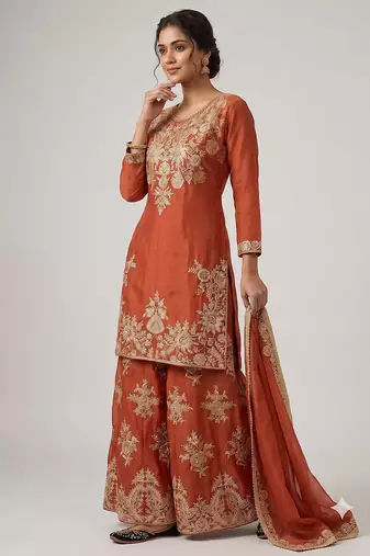 Women ethnic orange heavy embroidered kurti palazzo suit with dupatta