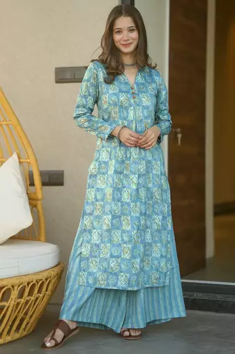 Sky blue digital printed muslin straight kurta with bottom set