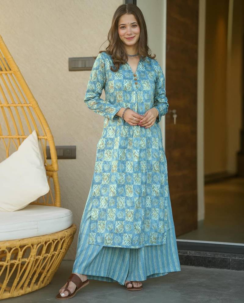 Sky blue digital printed muslin straight kurta with bottom set
