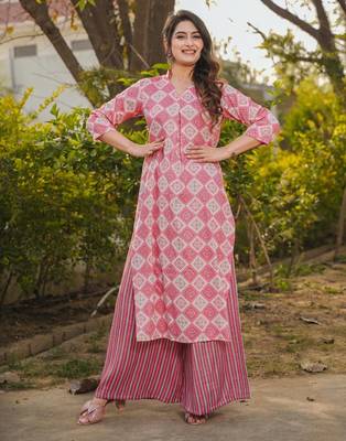 Pink digital printed rayon straight kurta with bottom set 1