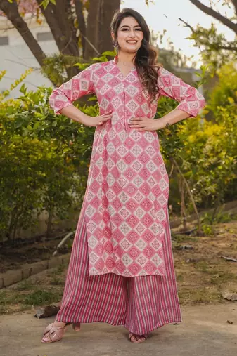 Pink digital printed rayon straight kurta with bottom set