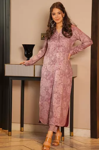 Purple digital printed muslin straight kurta with bottom set