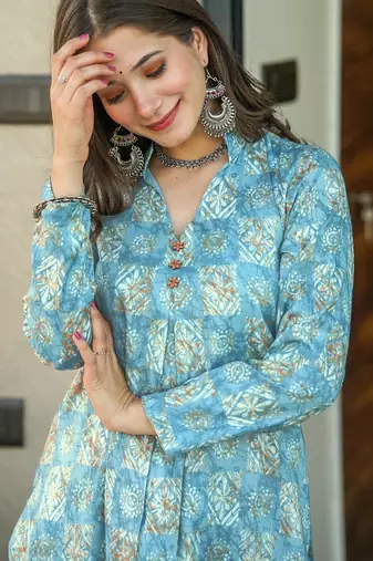Sky blue digital printed muslin straight kurta with bottom set
