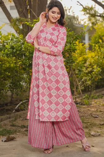 Pink digital printed rayon straight kurta with bottom set