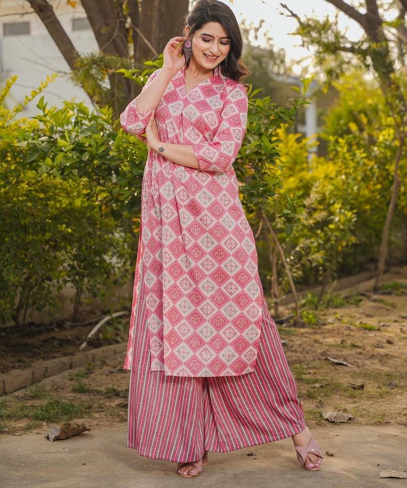 Pink digital printed rayon straight kurta with bottom set