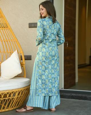 Sky blue digital printed muslin straight kurta with bottom set 3
