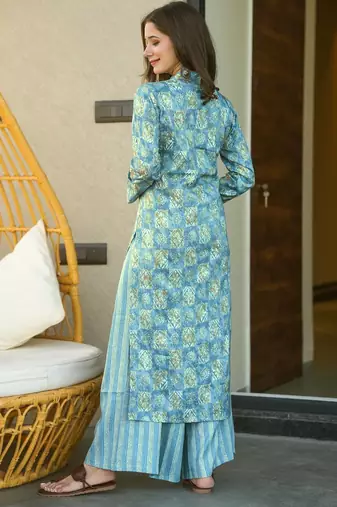 Sky blue digital printed muslin straight kurta with bottom set