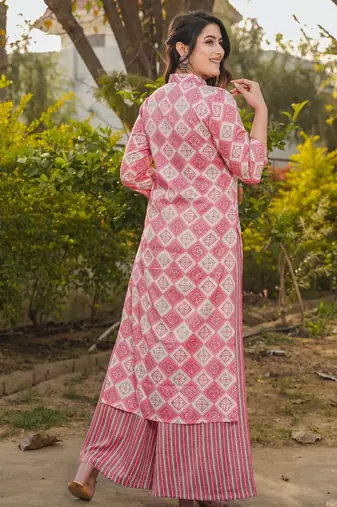 Pink digital printed rayon straight kurta with bottom set
