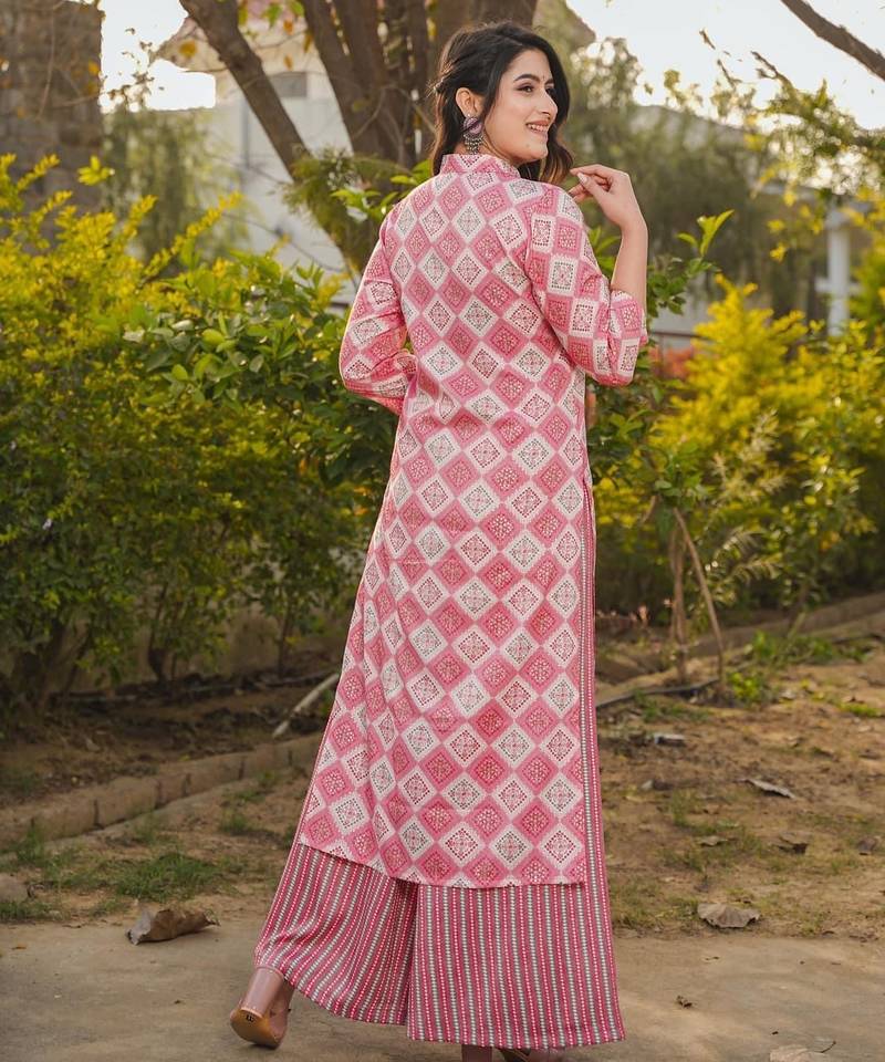 Pink digital printed rayon straight kurta with bottom set