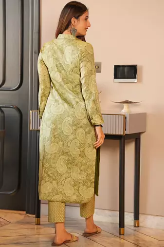Mehendi digital printed muslin straight kurta with bottom set