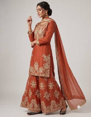 Women ethnic orange heavy embroidered kurti palazzo suit with dupatta 3