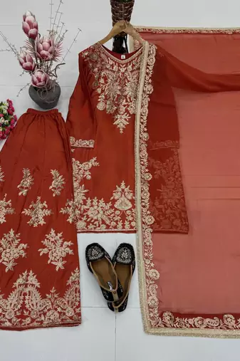 Women ethnic orange heavy embroidered kurti palazzo suit with dupatta
