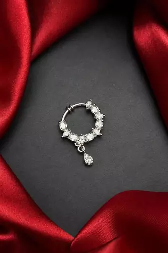 silver cz bridal nath nose ring  indian nose pin with dangle charm