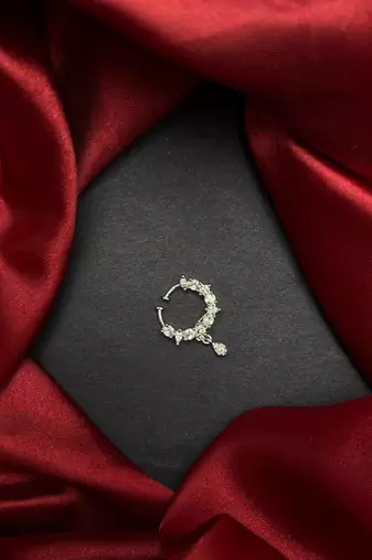 silver cz bridal nath nose ring  indian nose pin with dangle charm