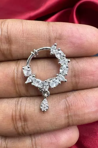 silver cz bridal nath nose ring  indian nose pin with dangle charm