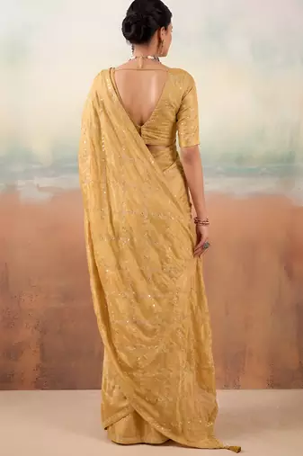 Gold solid poly chiffon ethnic saree