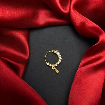 gold tone cz nath nose pin  indian bridal hoop ring with teardrop charm 1