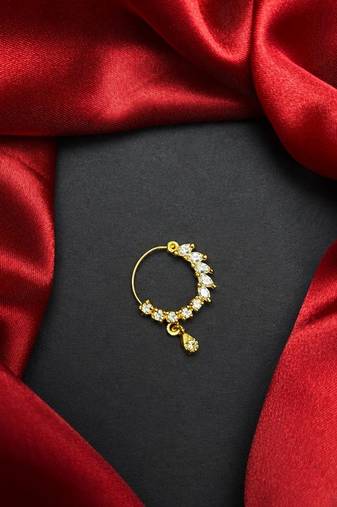 gold tone cz nath nose pin  indian bridal hoop ring with teardrop charm