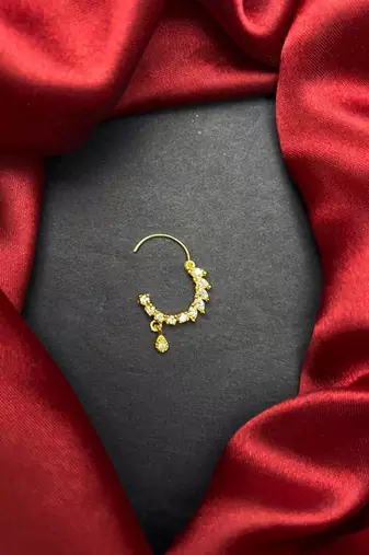 gold tone cz nath nose pin  indian bridal hoop ring with teardrop charm
