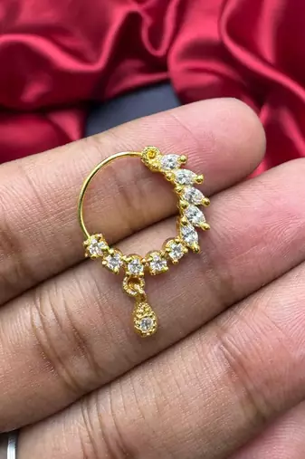 gold tone cz nath nose pin  indian bridal hoop ring with teardrop charm