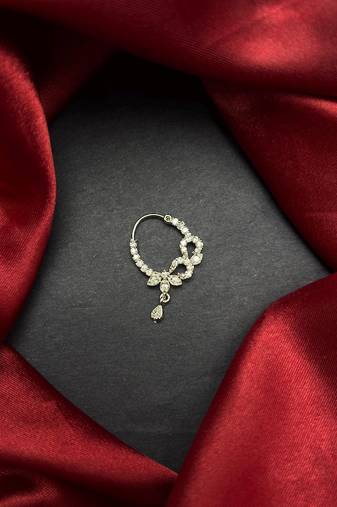 silver cz bridal nath nose ring with dangle  traditional indian nose jewelry
