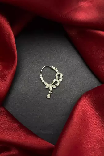 silver cz bridal nath nose ring with dangle  traditional indian nose jewelry