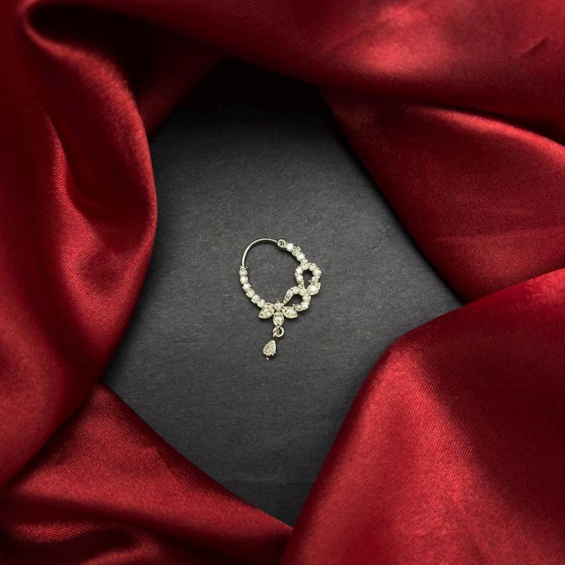 silver cz bridal nath nose ring with dangle  traditional indian nose jewelry