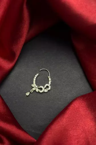 silver cz bridal nath nose ring with dangle  traditional indian nose jewelry
