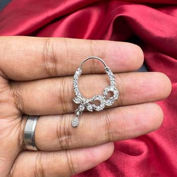 silver cz bridal nath nose ring with dangle  traditional indian nose jewelry 3