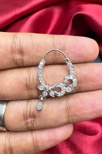 silver cz bridal nath nose ring with dangle  traditional indian nose jewelry