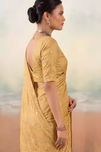 Gold solid poly chiffon ethnic saree