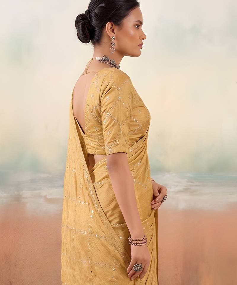 Gold solid poly chiffon ethnic saree