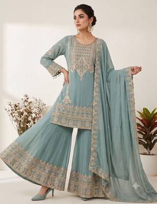 Sea green embroidered ethnic sharara suit set for wedding & festive wear 1