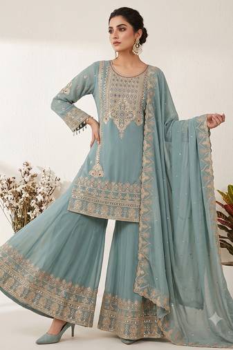 Sea green embroidered ethnic sharara suit set for wedding & festive wear