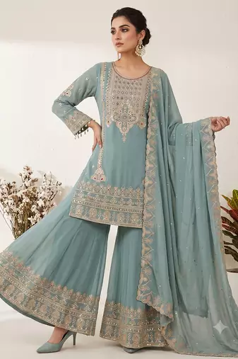 Sea green embroidered ethnic sharara suit set for wedding & festive wear